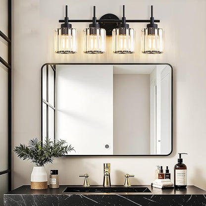EJIAXIN 4 Light Round Crystal Vanity Lights, Modern Black Crystal Wall Light