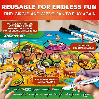 QUOKKA Busy Book Handwriting Practice for Kids - Search & Find - Activity Cards for Kids 3-8 – Reusable Mats with Dry-Erase Marker, Explore 20 Topics, Road Trip Activities, and Travel Games