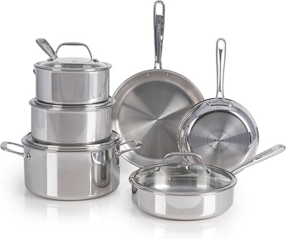 T-fal Pro Tri-Ply Stainless Steel Cookware Set, 10 Piece-Induction Compatible