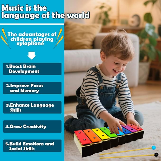 OPPA Kids' 8-Note Resonator Bells with Soft & Hard Mallets, Colorful Song Sheets, Detachable Keys & Blue Case – Inspire Musical Play