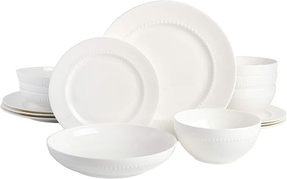Gibson Elite Embossed Bone China 16-Piece Double Bowl Dinnerware Set, Service for 4 – White Elegant Plates and Bowls