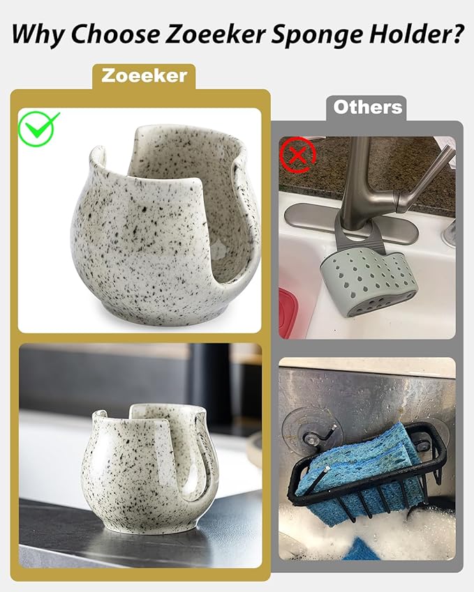 Zoeeker Sponge Holder for Kitchen Sink, Ceramic Dish Sponge Dish Rack Scrubby