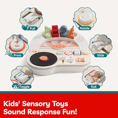 TOP BRIGHT DJ Music Busy Board - Wooden Toddler Toys for Boys and Girls，Montessori Sensory Toy with 14 Activities with Sound Blocks, Portable Travel Toy for 18M+