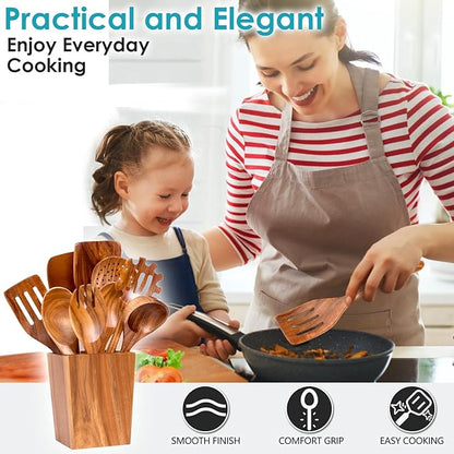 HOWHONG Wooden Spoons for Cooking, Premium Acacia Wood Kitchen Utensil Set