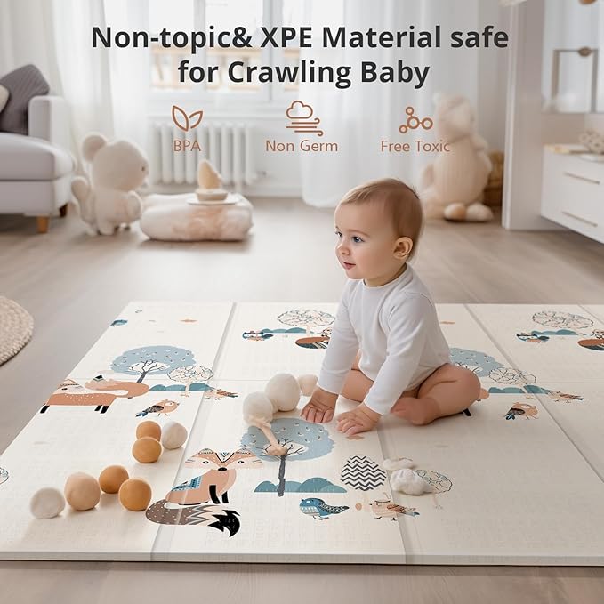 Baby Play Mat, Reversible, Waterproof Foam Padded Play Mat for Infants, Babies, Toddlers, Plays and Tummy Time, Foldable, 71x59 Inches Baby Crawling mat with Travel Bag for Indoor and Outdoor
