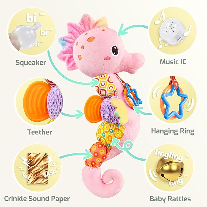 LIGHTDESIRE Baby Toys Musical Seahorse,Infant Stuffed Animal Toys with Crinkle and Rattles,Soft Sensory Toys with Textures for Tummy Time Newborn Boys Girls 0 3 6 12 Months(Pink)