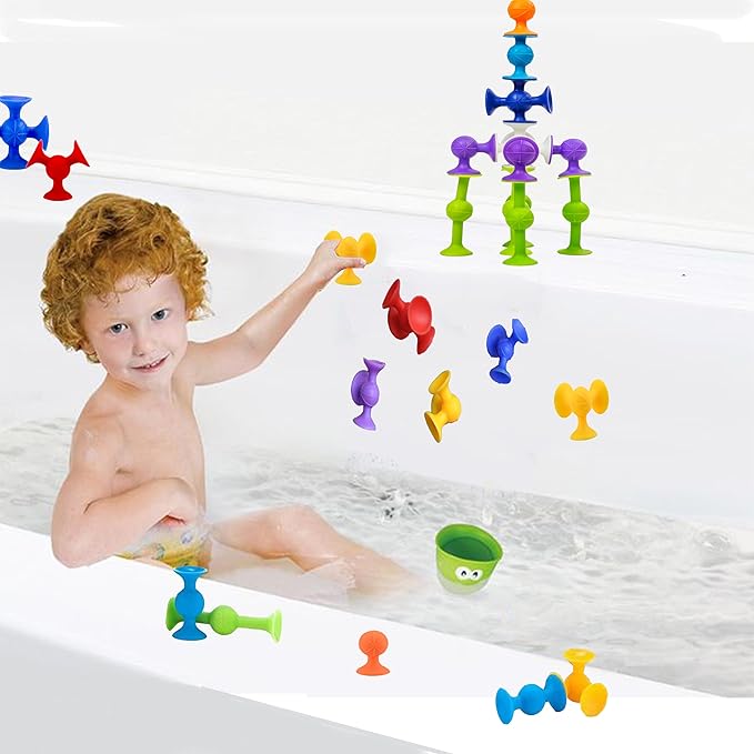 48 Piece Suction Cup Toys Construction Set - Silicone Building Blocks DIY Fun Bath Toys for Kids Ages 1-3, travel essentials for toddlers 1-3, Darts Sucker Toy with Toddler Road Trip Essentials