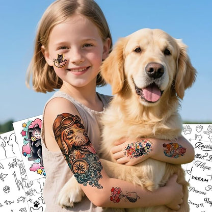 77 Sheets Pet Animal Temporary Tattoo for Women Men, 17 Sheets Half Arm Cat Dog Large Lion Wolf Flower Elephant Fake Tattoo, 60 Tiny Dolphin Rabbit for Adult Kids Body Tattoos Stickers Realistic