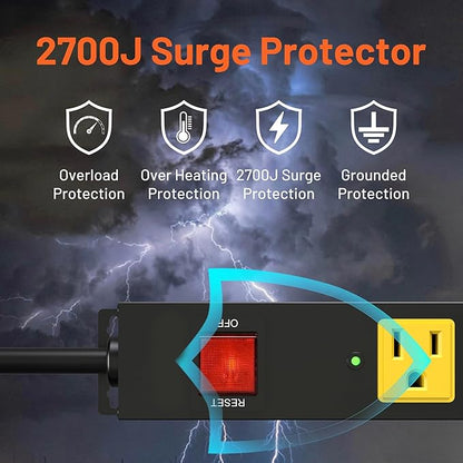 Heavy Duty 6 Outlet Metal Long Power Strip, 2700J Surge Protector