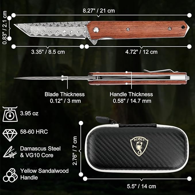 AUBEY Damascus Pocket Knife for Men, Sharp Tanto Blade with VG10 Core Folding Knives with Wooden Handle and Glass Breaker for EDC Camping Gift Collection
