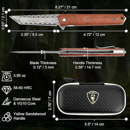 AUBEY Damascus Pocket Knife for Men, Sharp Tanto Blade with VG10 Core Folding Knives with Wooden Handle and Glass Breaker for EDC Camping Gift Collection