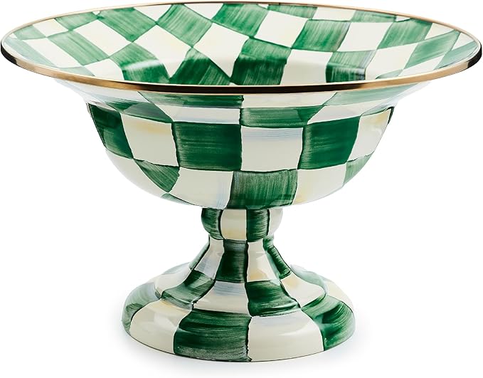 MACKENZIE-CHILDS Enamel Compote, Cute Enamel Pedestal Serving Dish or Decorative Bowl, Large, Green-and-White Emerald Check