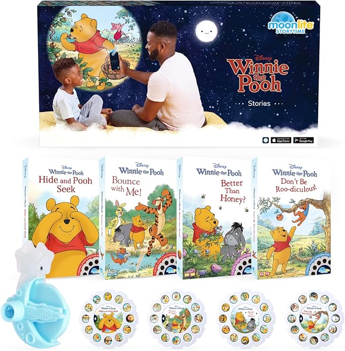 Moonlite Storytime Mini Projector with 4 Winnie The Pooh Stories, A Magical Way to Read Together, Digital Storybooks, Fun Sound Effects, Learning Gifts for Kids Ages 1 and Up
