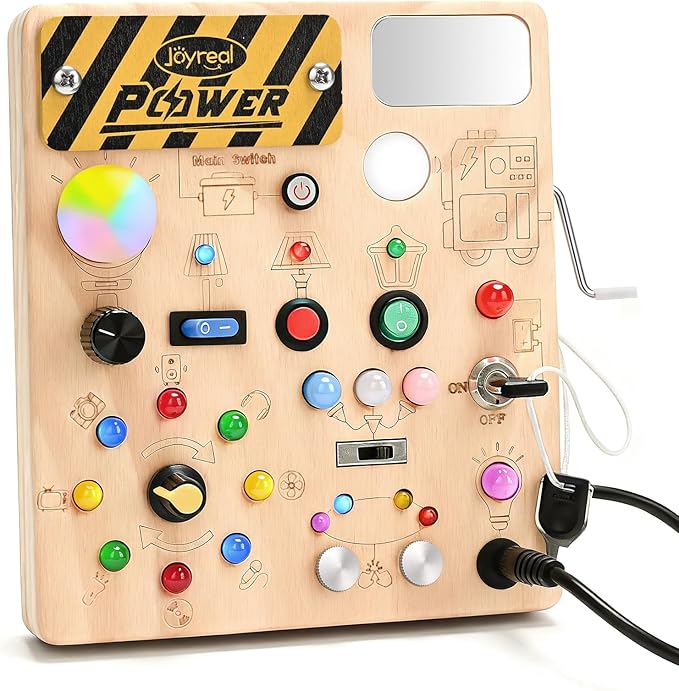 Joyreal Busy Board with 22 LED Light - Montessori Toys for 1 2 3 Years Old, Wooden Toddler Sensory Board for Kids with Autism, Fidget Board Travel Toys for 1+ Year Old Boy & Girl Birthday Gift (Big)