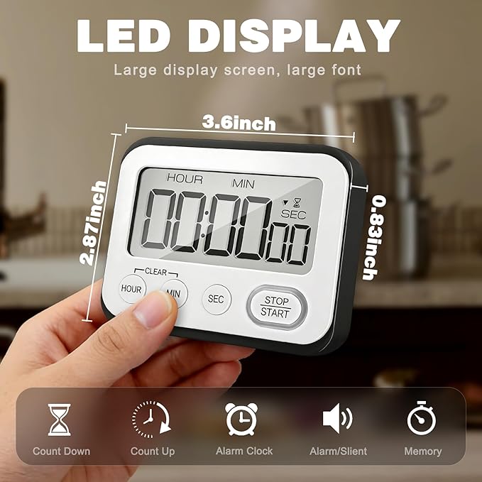 Digital Kitchen Timer Magnetic Loud Alarm, Large LCD Screen Silent/Beeping