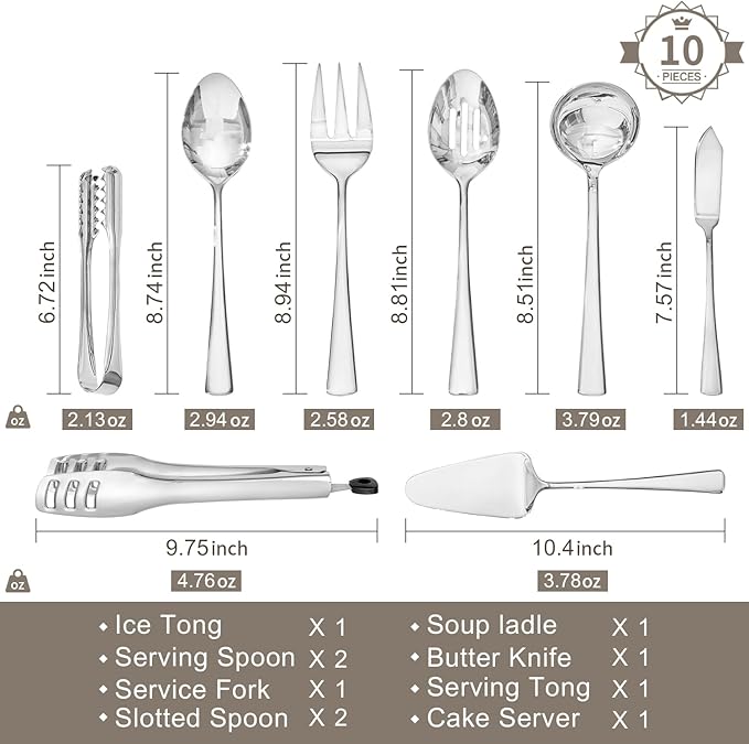 KINGSTONE 10 Piece Serving Utensils Set, 18/10 Stainless Steel Serving Utensils, Slotted Spoon, Fork, Tong, Soup Ladle, Cake Server, Butter Knife and Ice Tong for Buffet, Parties, Kitchen,Entertaining