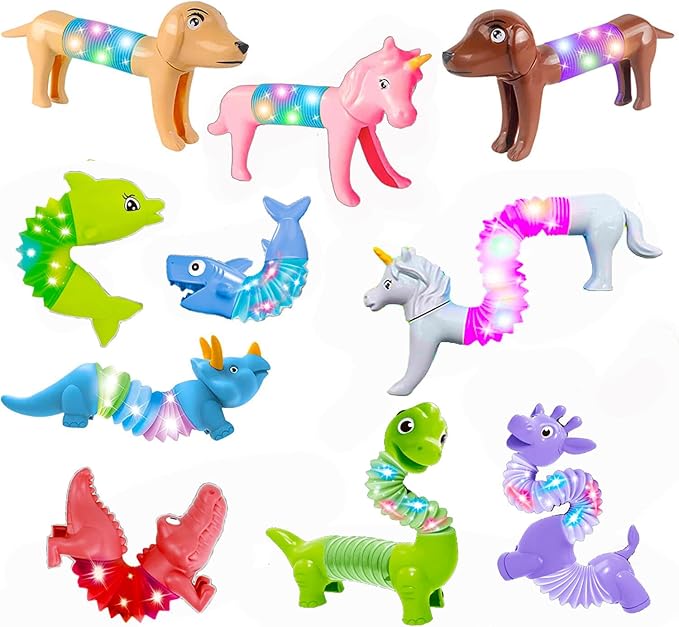 10 Pack Animals Halloween Fidget Toys for Toddlers, LED Animal Pop Tubes for Kids 3 4 5 6 7 8 Year Old Girls Boys Birthday Gifts Autism Sensory Toy for Kid Age 3-8 Tube Light Up Party Favors