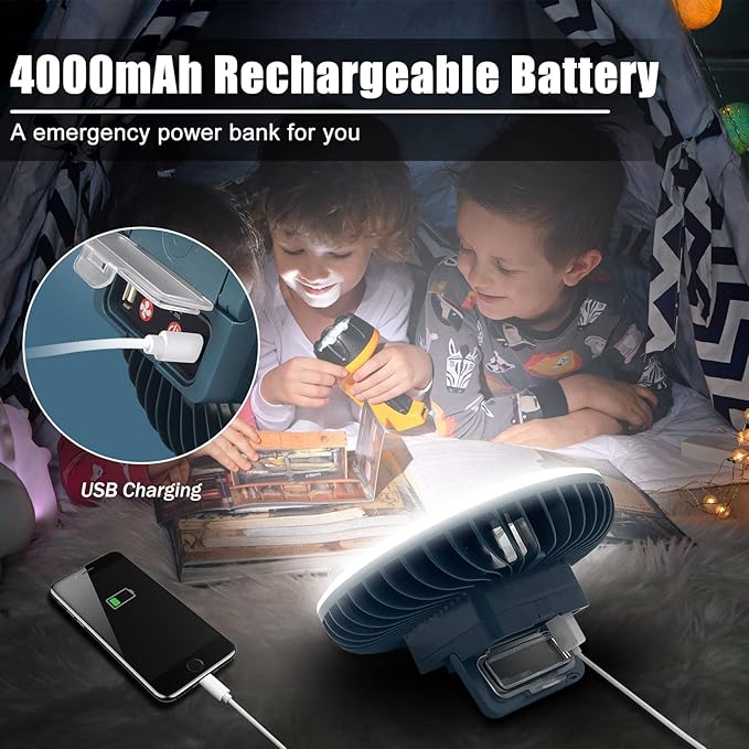 Portable Camping Fan with LED Lantern XTAUTO USB Rechargeable Waterproof Tent Fan with Hanging Hook Magnet Survival Kits for Indoor Outdoor Hiking Car Office Desk Outdoor Emergency Power Outage 2-pack