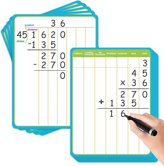 12 Pack Long Division Dry Erase Card Chart,12" x 9" Multiplication Flash Card Math Manipulative Small Whiteboard for Student Teacher 2ND 3RD 4TH Grade Classroom Homeschool Supplies Essential