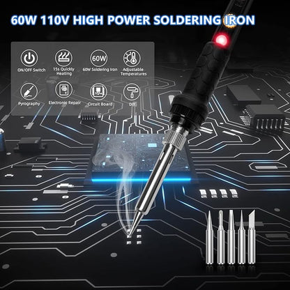 Soldering Iron Kit, 60W 110V Soldering Irons, Adjustable Temperature Soldering Welding Tool Kit with Extra 5pcs Tips, Stand, Sponge, Solder Wire