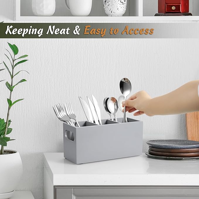 DRASTAR Wooden Silverware Caddy, Flatware Cutlery Holder, Kitchen Utensil Holder
