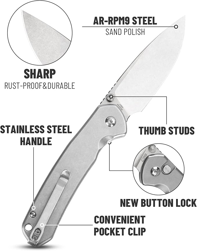 CJRB Folding Knife Pyrite (J1925) AR-RPM9 Balde and Stainless Steel Handle Button Lock EDC Pocket Knife with Clip Silver