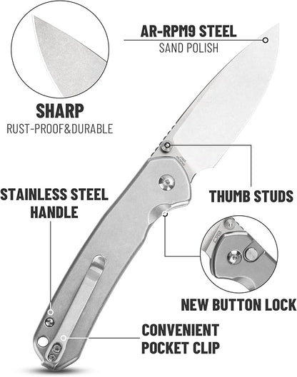 CJRB Folding Knife Pyrite (J1925) AR-RPM9 Balde and Stainless Steel Handle Button Lock EDC Pocket Knife with Clip Silver