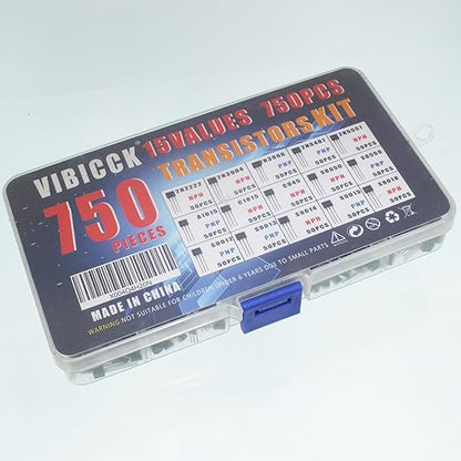 15Values 750 PCS Assorted Type General Purpose TO92 Transistors PNP NPN Bipolar Power Transistor Assortment Kit with Individual Compartment