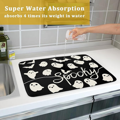 Halloween Dish Drying Mat for Kitchen Counter 18x24 Cute Ghost Black Spooky