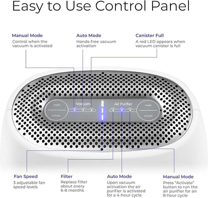 EyeVac Air 2-in-1 HEPA Air Purifier & Touchless Vacuum Automatic Dustpan - Ultra Fast & Powerful - Covers 600 Sq ft - Corded Canister Vacuum, Bagless, Automatic Sensors, 1000 Watt (White/Silver)