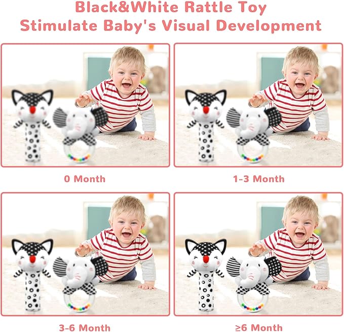 Baby Rattles 0-6 Months Newborn Toys Infant Toys 0-6 Months Rattles for Babies 0-6 Months Baby Toys 0-6 Months, Black and White High Contrast Baby Toys for Newborn 0 3 6 9 12 Months Girls Boys