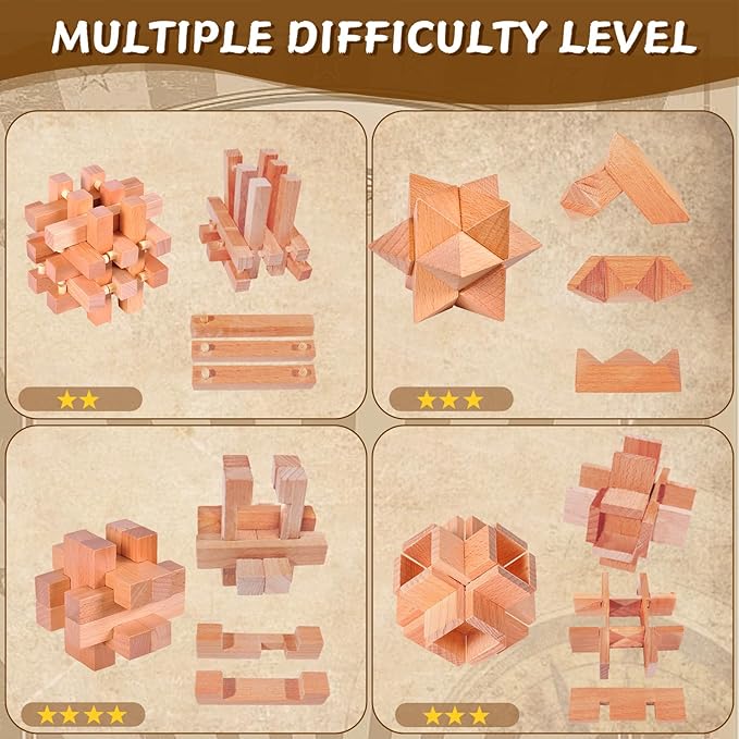 Rileryan 16 PCS Wooden Metal Brain Teasers for Adults 3D Brain Teasers Wooden Cube