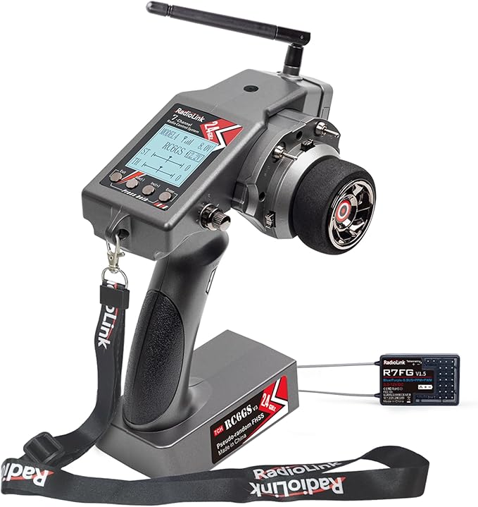 Radiolink RC6GS V3 7 Channels RC Transmitter and Waterproof Gyro Receiver R7FG, 30 Models Storage 2.4Ghz Voltage Telemetry Surface Remote Radio Controller for RC Crawler, Drifting, Car and Boat