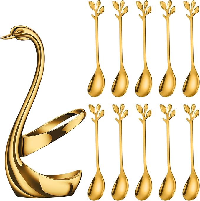 AnSaw Gold Small Coffee Spoon Holder Set, Swan Base