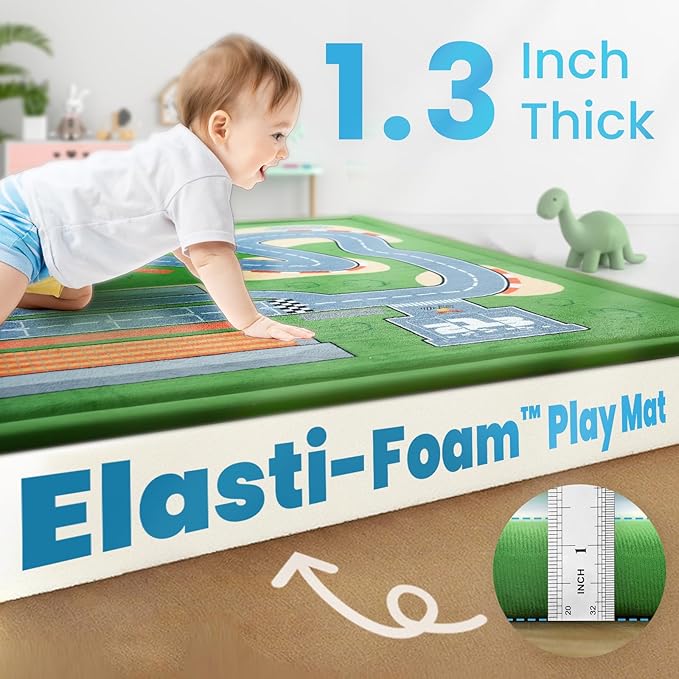 1.3" Thick Educational Baby Floor Play Mat 79x158, Basic Padded Memory Foam Kids Mat, Extra Large Non-Slip Plush Playmat for Nursery Playroom Classroom (Race Track)