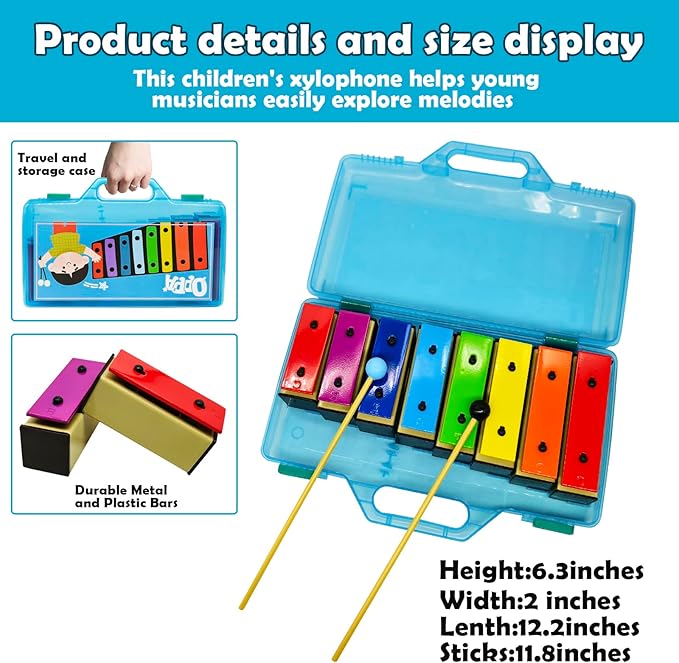 OPPA Kids' 8-Note Resonator Bells with Soft & Hard Mallets, Colorful Song Sheets, Detachable Keys & Blue Case – Inspire Musical Play
