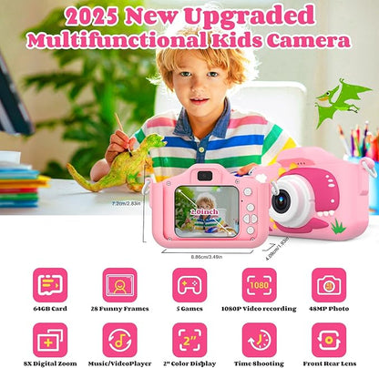 Kids Camera Toys for 3-8 Year Old Girls, 48MP Dual Lens 1080P Toddler Camera for Kids with 64GB SD Card, Kids Digital Video Camcorder Selfie Cameras Christmas Birthday Gifts