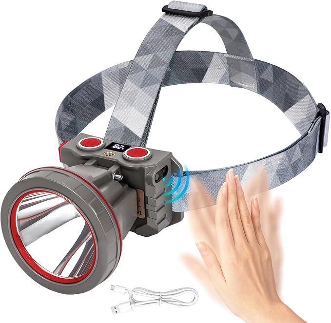 Super Bright Coon Hunting Headlamp, High Lumen LED Headlight with Battery Level Display, Waterproof Rechargeable Spotlight, Hands-Free 2 Light Modes for Hunting & Outdoor Activities (Yellow Light)
