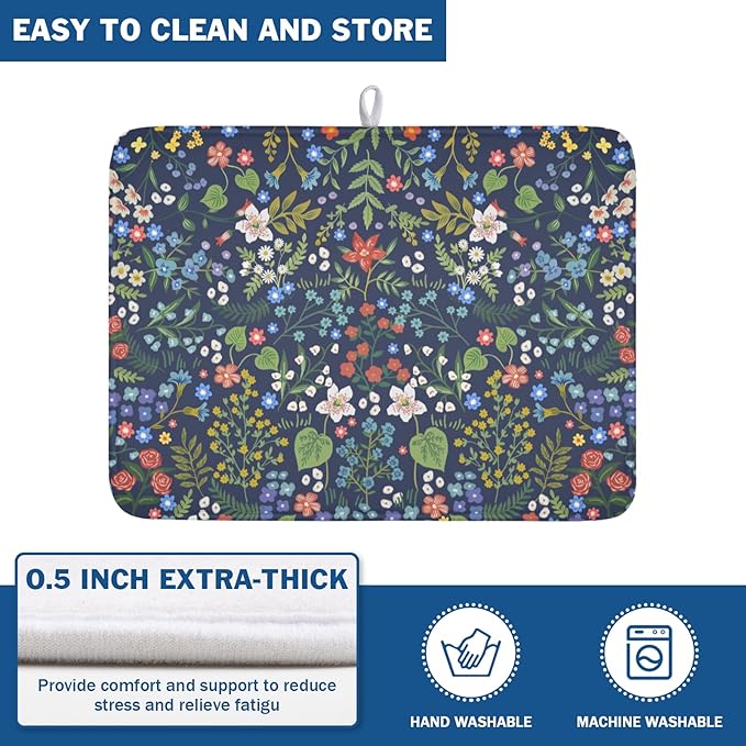 Flower Floral Dish Drying Mat 18x24 inch Microfiber Navy Blue Drying Mats