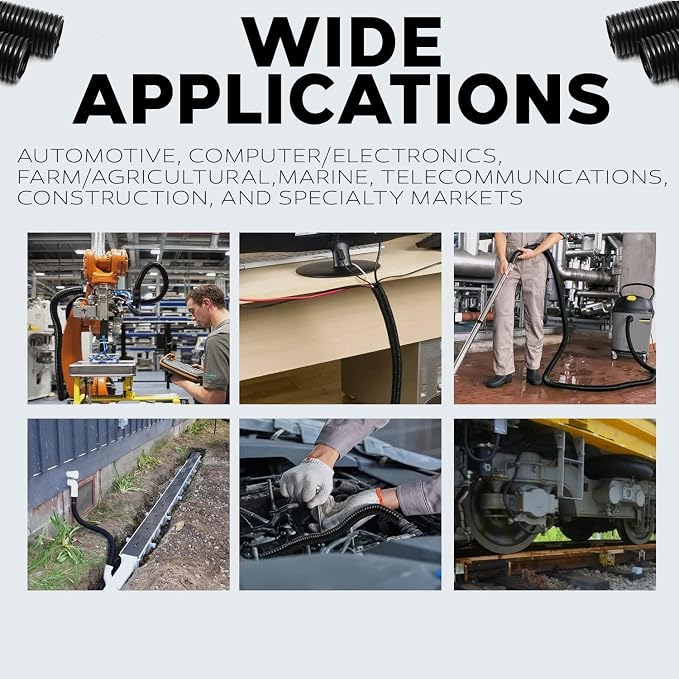 BEST CONNECTIONS Split Wire Loom Flex-Guard Convoluted Tubing with Installation Tool - Protective Cable Sleeves for Automotive Home Electrical Wires Chemical Resistant Conduit Black (1/2" Loom + Tool)