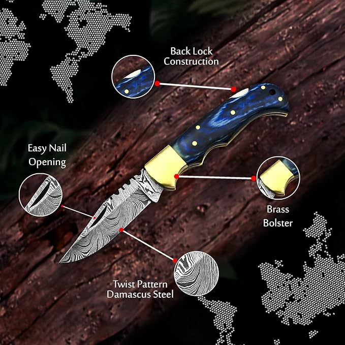 Handmade Damascus Pocket Knife for Men - 6.5 Inch Damascus Knife with Sheath - Damascus Folding Knife - Damascus Hunting Knife - Damascus Steel Pocket Knives with Back Lock for EDC, Camping, Hiking