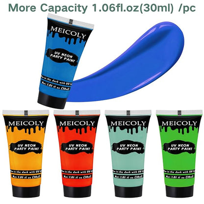 MEICOLY Glow Blacklight Face Body Paint Set,Neon Face Paint Kit,1.06x9oz/Box with Sponges,Blacklight Reactive Paints,Glow in the Dark Body Paint Neon Party Supplies,Neon Fluorescent Face Paint Makeup