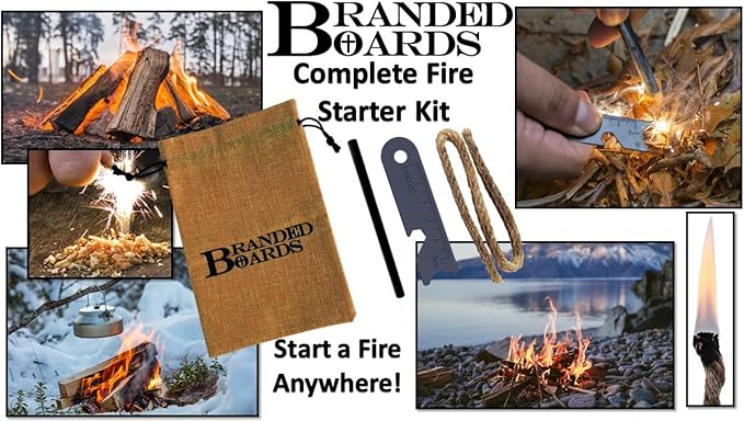Portable Bushcraft Stainless BBQ Cooking Grill Grate, Bamboo Cutting Board, Burlap Bag, Mini Knife, Fire Starter Kits. Camping, Campfires, Backpacking, Hunting & Fishing Gear