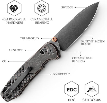 EDC Folding Pocket knife with Clip for Men,Thumb Studs Crossbar Lock Knives with 2.99" 14C28N Steel Blade, Copper Handle for Camping Hiking,Dragonfly-Cu