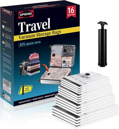 Travel Vacuum Bags for Luggage with Hand Pump,Vacuum Seal Bags for Clothing,Packing Cubes Compression,Cruise Ship and Travel Essentials(Combo 16 Pack)