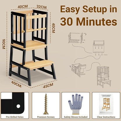 COSYLAND Toddler Kitchen Stool Helper – Stable A-Frame Design Kids Kitchen Step Stool with Protective Crossbar – Wooden Toddler Standing Tower for Learning in Bathroom (Black & Natural)