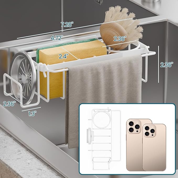 TAILI Sponge Holder with Strong Suction Cup, 4-in-1 Rustproof Sink Organizer