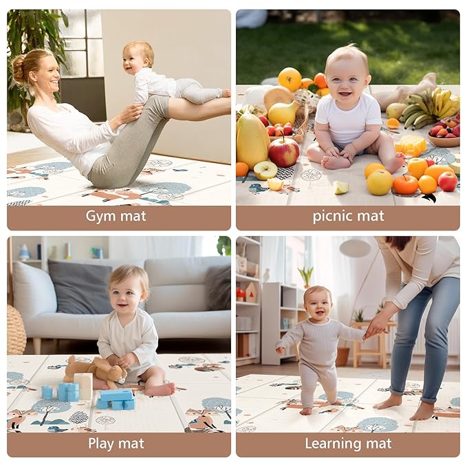 Baby Play Mat, Reversible, Waterproof Foam Padded Play Mat for Infants, Babies, Toddlers, Plays and Tummy Time, Foldable, 71x59 Inches Baby Crawling mat with Travel Bag for Indoor and Outdoor