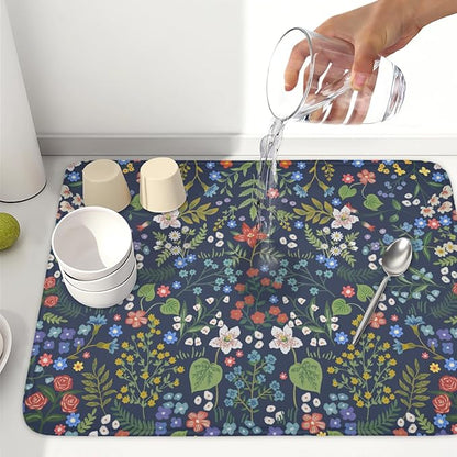 Flower Floral Dish Drying Mat 18x24 inch Microfiber Navy Blue Drying Mats