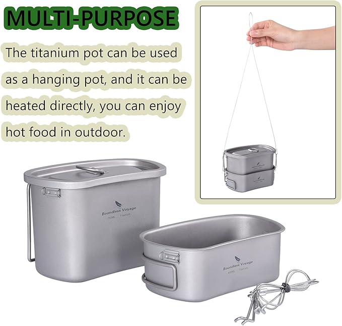 iBasingo Titanium Canteen Mess Kit with Folding Handle Hanging Ring Ultralight Portable for Lunch Outdoor Camping Hiking